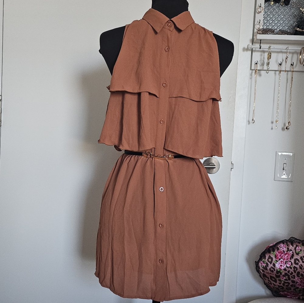 Rienda Terracotta Brown Sleeveless Tiered Ruffle Button Down Dress